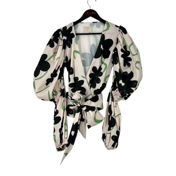 Alexandra Bueno Manglar Rebecca Shirt Women Sz L Pink Black Puff Sleeve Wrap Top - Picture 4 of 12